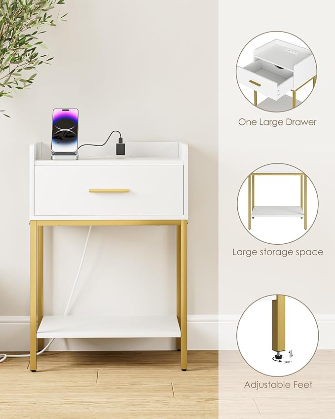 Nightstand with Charging Station, Modern Bedside Table with Drawer and Legs,White and Gold Night Stand with Open Shelf, Narrow Side Table for Bedroom, Living Room