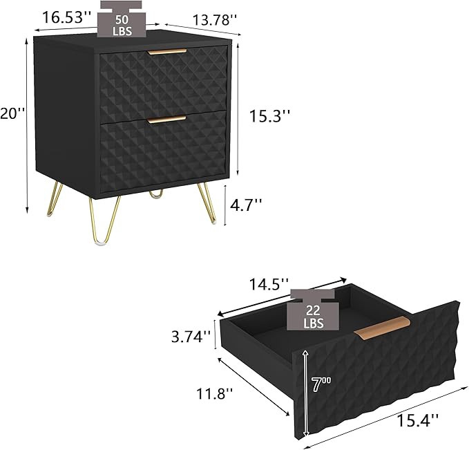 Black Night Stand Set of 2, Modern Double Bedside Table with 2 Drawers Storage for Bedroom, Wood End Side Table with Gold Legs for Living Room