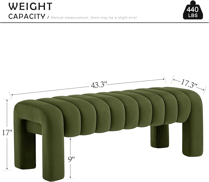 43.3” Dining Room Bench, Olive Green Tufted Upholstered End of Bed Bench, Modern Entryway Ottoman Window Seat with Solid Wood Legs and Padded Seat for Bedroom, Hallway and Living Room (Velvet)