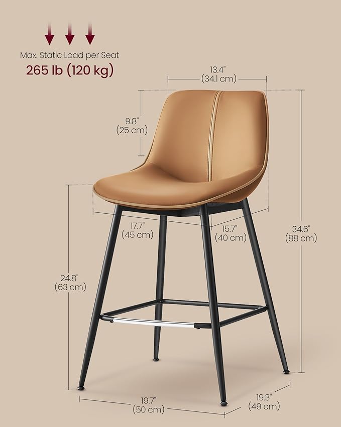 VASAGLE Bar Stools Set of 4, Counter Height Bar Stools with Back, Ergonomic Backrest, Synthetic Leather, Metal Legs, 24.8-Inch Tall Barstools for Kitchen Island Home Bar, Easy Assembly, Caramel Brown