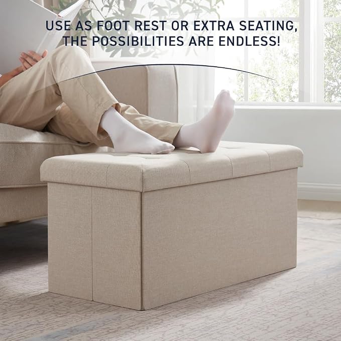 Ornavo Home Folding Storage Ottoman, 30 Inch Large Storage Bench with Lid, Foot Rest Stool for Bedroom, Living Room, Entryway, Tufted Linen Upholstered - Beige