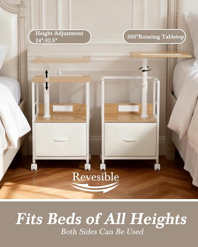 Faesun Swivel Lift Top Nightstand with Charging Station, Rolling Side Table for Recliner, Bedside Table with Wheels & a Fabric Drawer, for Small Spaces, for Bedroom, Living Room, Oak White
