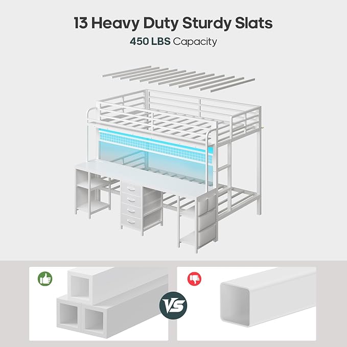 ADORNEVE Bunk Bed Twin Over Twin with 2 Person Desk, LED Lights Twin Bunk Bed with 4 Drawers,Storage Rack, 4 Shelves and Power Outles,Metal Twin Bunk Beds with Guardrail for Kids/Teens Bedroom, White