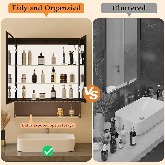30"×34" LED Lighted Medicine Cabinet with Backlight, Adjustable Brightness 3 Color Temperature Lighting Anti-Fog Mirror 2 Socket & 2 USB Ports & Adjustable Shelf Wall Mounted