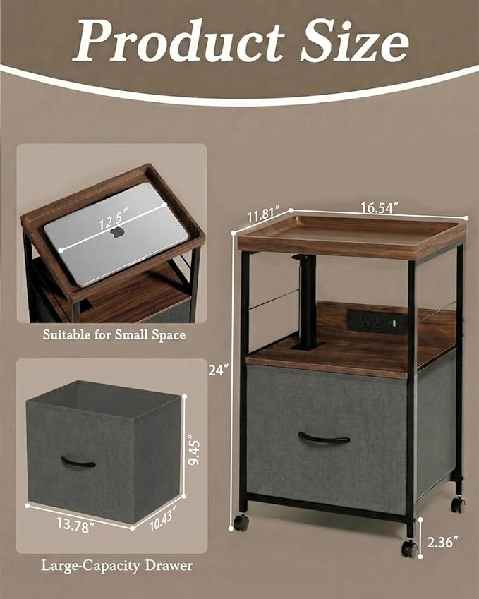 Faesun Swivel Lift Top Nightstand with Charging Station, Rolling Night Stand with Fabric Drawer, Adjustable Bedside Table for Bedroom, Living Room, Walnut Gray, Pro