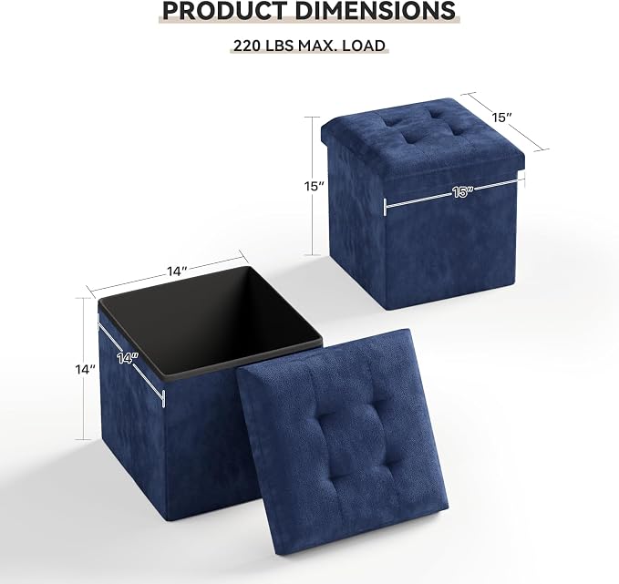 Storage Ottoman Bench, 15 Inch Ottoman Foot Rest, End of Bed Bench, Storage Chest for Living Room, Bedroom, Entryway, Navy Blue