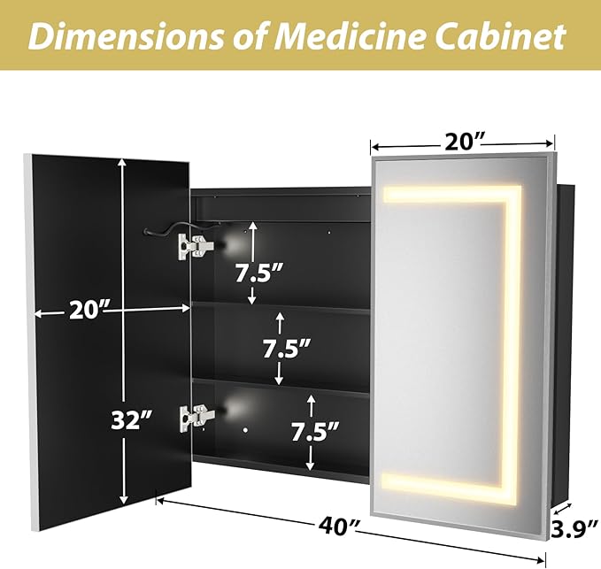 APRILSOUL 40x32 Inch Lighted Bathroom Medicine Cabinet with Mirror, Silver Recessed or Surface Mount Medicine Cabinet Mirror with Storage and LED Lights, 3 Colors Temperature, Dimmable Light