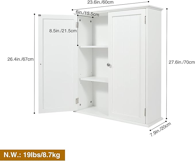 27.6in Length Bathroom Cabinet Wall Mounted,Over Toilet Storage Cabinet with 2 Doors and Adjustable Shelves,Wood Medicine Cabinet for Bathroom, White