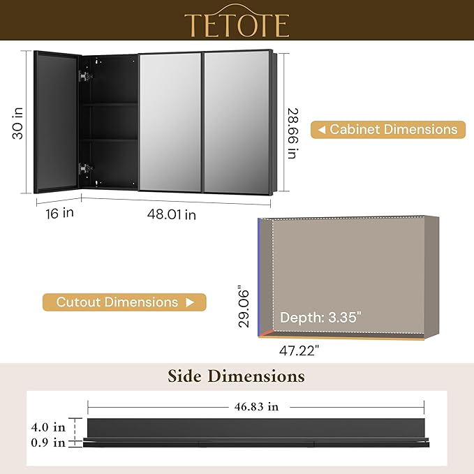 TETOTE 48"x 30" Mirrored Medicine Cabinet for Bathroom Black Medicine Cabinet with Tempered Beveled Mirror, Stepless Adjustable Shelves, Surface Mount or in Wall
