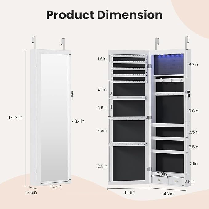 Elevon 6 LEDs Jewelry Cabinet Organizer, 47.2-inch Jewelry Armoire with Full-Length Mirror, Wall or Door Mounted Jewelry Storage, Lockable Large Capacity Storage, White