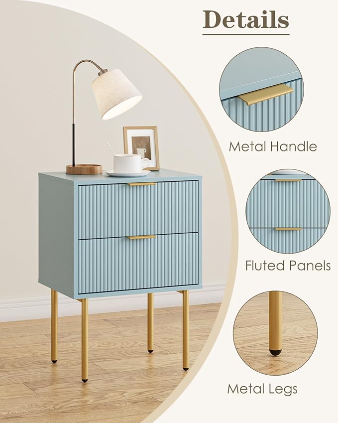Aienvey Night Stand, Modern Nightstand with Drawers, Bedside Table, Gold Small Side Table for Bedroom, Living Room End Table (Blue Stripe, 2 Drawers)