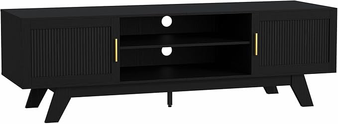 ChooChoo 59.5" Fluted TV Stands for 65 Inch TV, Mid Century Modern Entertainment Center with Storage and Adjustable Shelf, Long TV Console Media Table for Living Room, Bedroom, Black