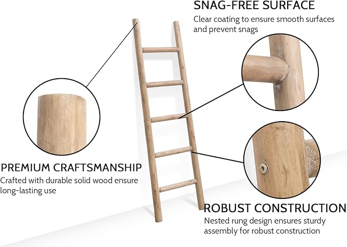 SwallowLiving 57in Blanket Ladder, Solid Wood Towel Ladder, Rustic Decorative Ladder for Blankets, Farmhouse Wooden Quilt Rack for Living Room & Bathroom