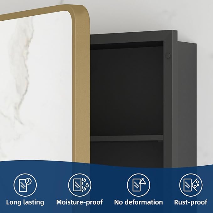 Bathroom Medicine Cabinet with Mirror 16 x 24 Inch, Brush Gold Medicine Cabinet Recessed or Surface Wall-Mounted, Mirrored Cabinets with 2 Adjustable Shelves for Bathroom Vanity