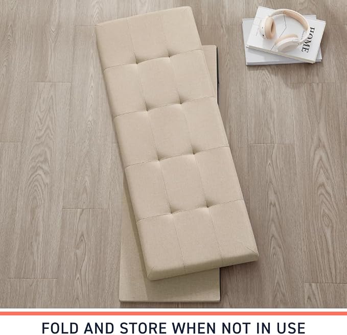 Ornavo Home Folding Storage Ottoman, 43 Inch Extra Large Storage Bench with Lid, Foot Rest Stool for Bedroom, Living Room, Entryway, Tufted Linen Upholstered - Beige
