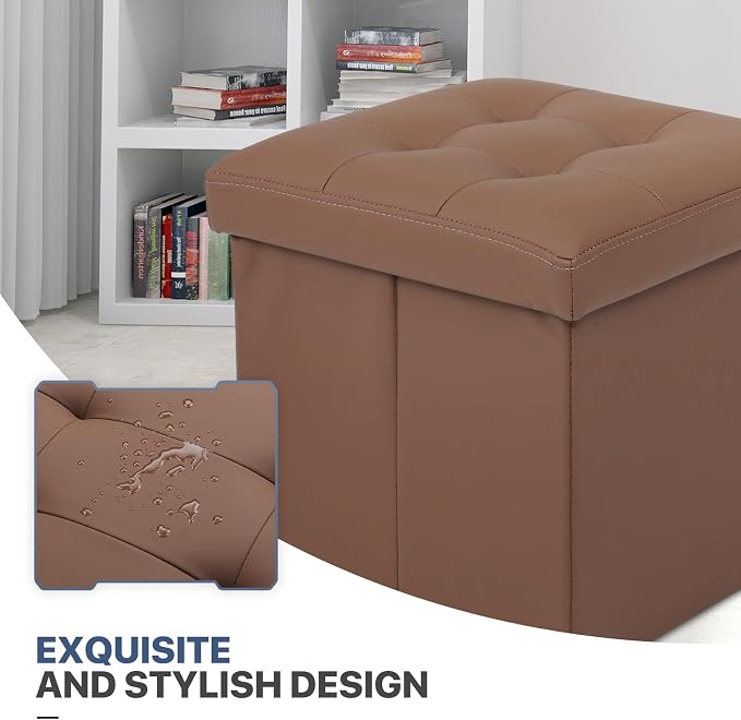 MoNiBloom Folding Storage Ottoman Cube, 15 Inches Small Ottoman with Storage, Footstool Rest Padded Seat for Living Room, Bedroom, Entryway, Hallway, Brown