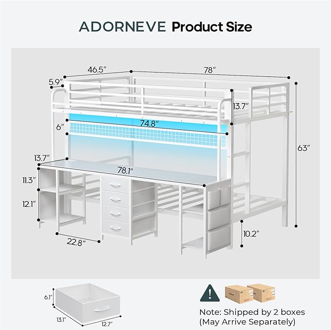 ADORNEVE Bunk Bed Twin Over Twin with 2 Person Desk, LED Lights Twin Bunk Bed with 4 Drawers,Storage Rack, 4 Shelves and Power Outles,Metal Twin Bunk Beds with Guardrail for Kids/Teens Bedroom, White