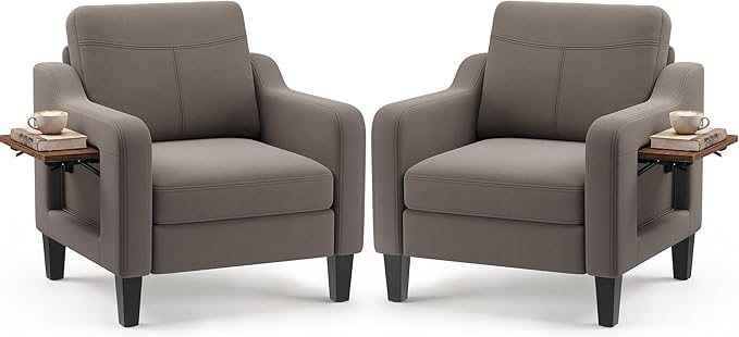 Accent Chairs Set of 2 for Living Room, Mid-Century Upholstered Armchair with Foldable Table & 2 Side Pockets, Modern Linen Wooden Sofa Chair for Bedroom & Reading Room, Brown
