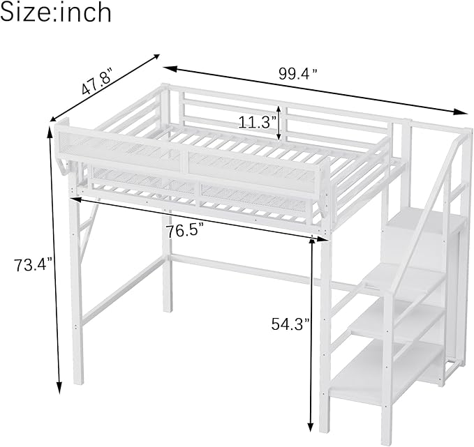 KEIKI Twin XL Size Metal Loft Bed Frame with Convertible Staircase, Built-in Storage Shelves & Wardrobe, Loft Bed with Solid Slat & Guardrail, No Box Spring Required, Easy Assembly, for Bedroom, White