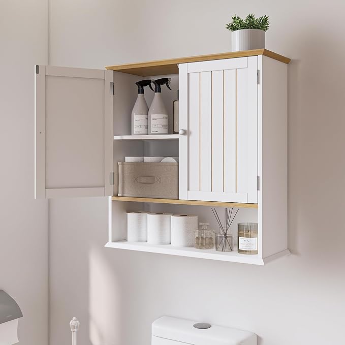 Viaozutis Over The Toilet Bathroom Wall Cabinet with 2 Doors and Open Shelf, Wooden Space Saving Storage Cabinet, Medicine Cabinet for Bathroom Organization, White