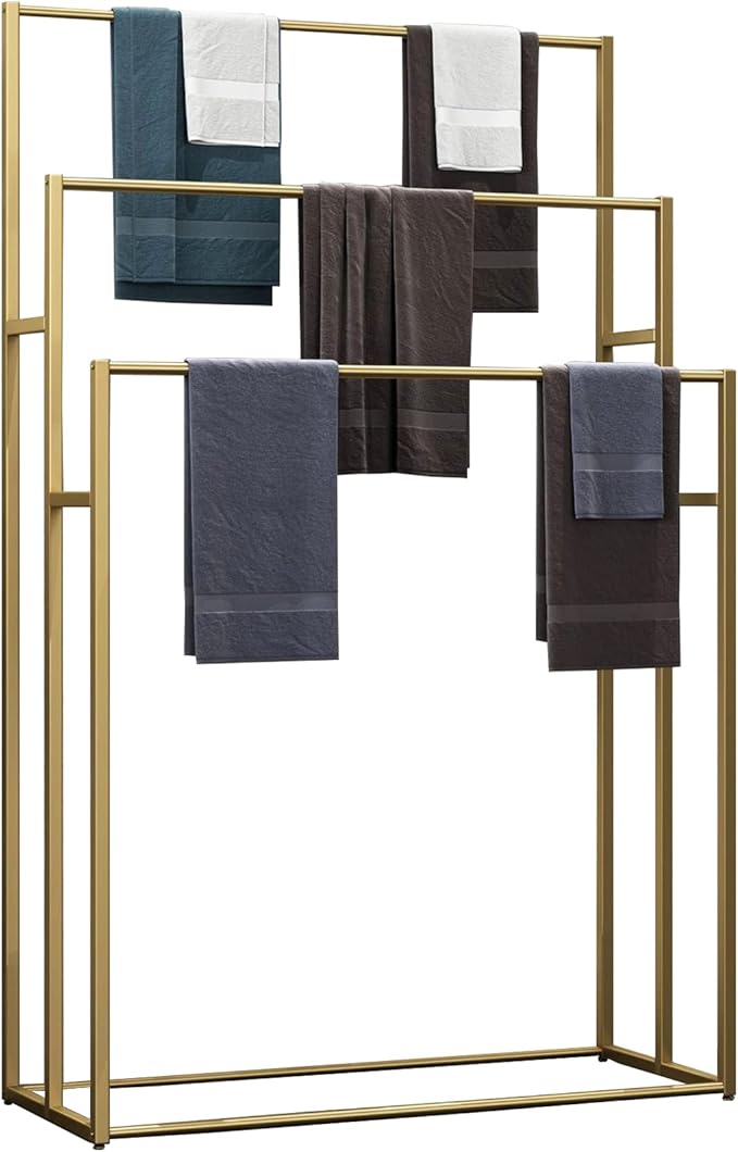 3 Tier Standing Towel Rack - Extra Wide Large Bathroom Towel Stand, Heavy-Duty Metal Towel Drying Rack for Poolside (Matte Gold, 25.6” Wide)