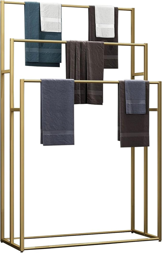 3 Tier Standing Towel Rack - Extra Wide Large Bathroom Towel Stand, Heavy-Duty Metal Towel Drying Rack for Poolside (Matte Gold, 25.6” Wide)