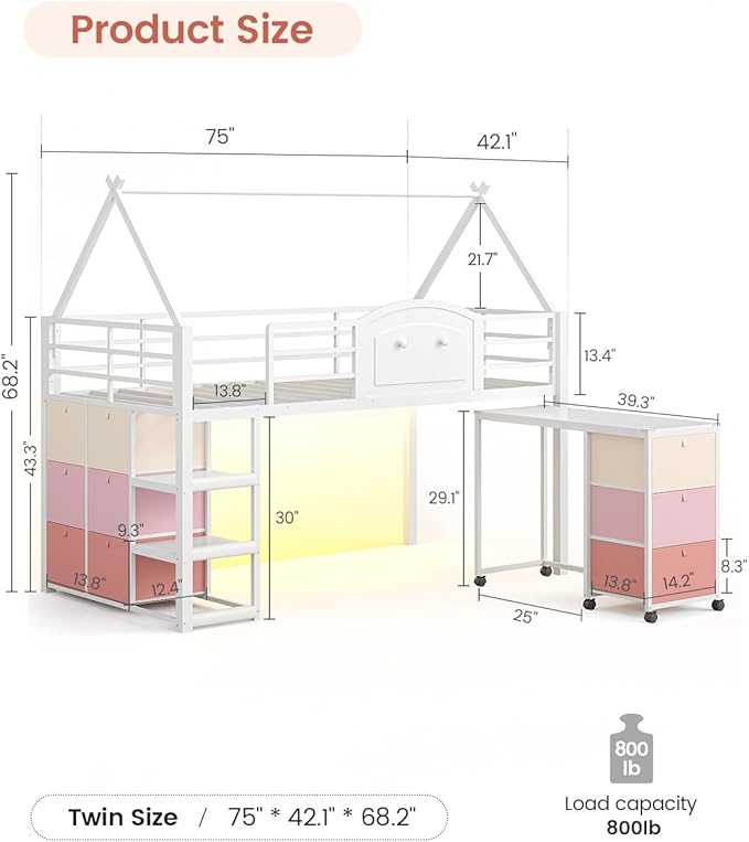 VIAGDO Twin Loft Bed with Desk and Storage for Kids, Metal Low Loft Bed Twin with 9 Drawers, 3-Tier Shelves, Led Lights, Safety Guardrail, No Box Spring Needed,White | 9 Storage Drawers