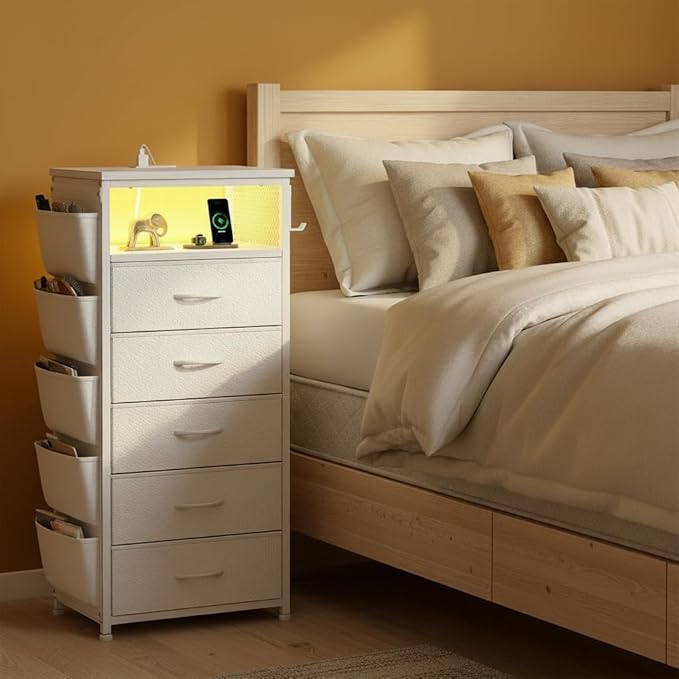 EnHomee Tall Nightstand with 5 Drawers, Night Stand with Charging Station and LED Light, Bedside Table with Extra Side Bag & Hooks, Dorm, Bedroom, Closet, Hallway, Entryway, Save Space, White