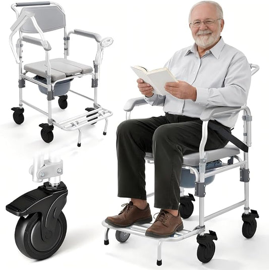 Shower Chair with 5" Enlarged Wheels, 330lbs Heavy Duty Bedside Commode Wheelchair, Folding Arms & Footrests, Lockable Casters, Sponge Padded Seat & Safety Straps, for Elderly and Mobility