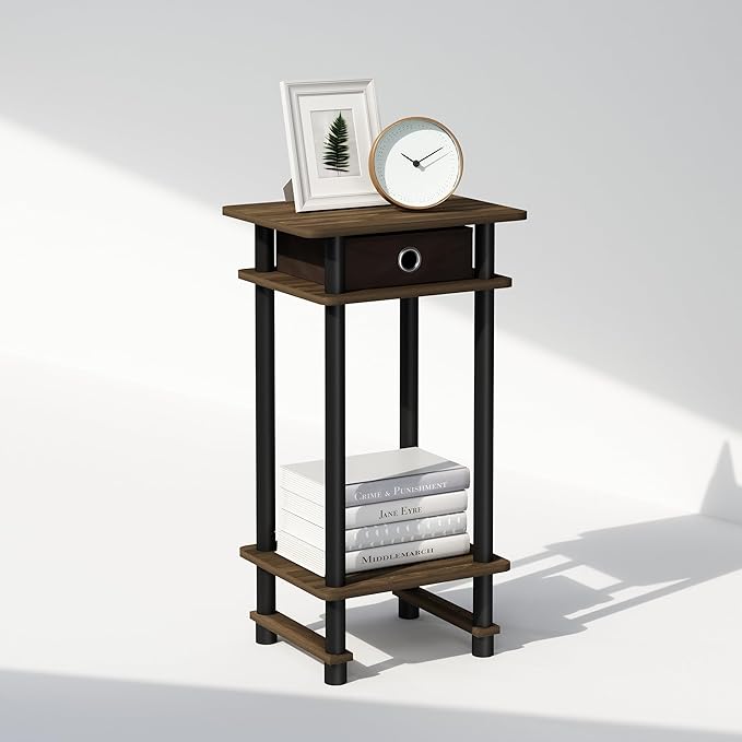 Furinno Turn-N-Tube Tall Nightstand with Bin, 1-Pack, Plastic Poles, Columbia Walnut/Black/Dark Brown