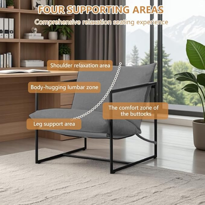 Mid Century Modern Decor Accent Chair,Comfy Lounge Chair Indoor with Cushion&Arm&Iron Frame,Reading Leisure Chair for Bedroom/Living Room/Office,Grey