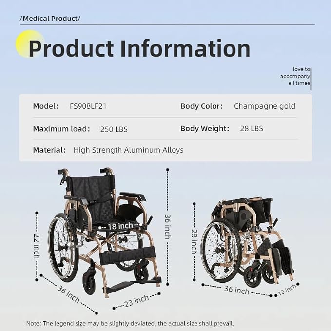 Lightweight Foldable Wheelchair for Adults - Aluminum Frame with Square Tube Design, 18" Seat & 22" PU Wheels, Front/Rear Locking Brakes, Champagne Gold