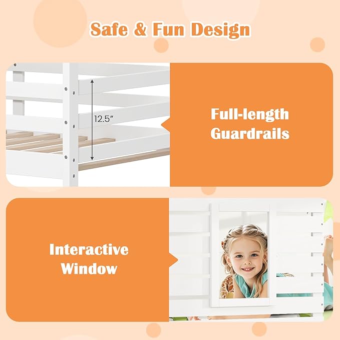 Giantex Wood Bunk Bed Twin Over Twin, House Bed Frame with Ladder and Guardrail, Floor Bunk Bed with Wood Slats for Kids, Girls, Boys, Dormitory and Bedroom, No Box Spring Needed, White