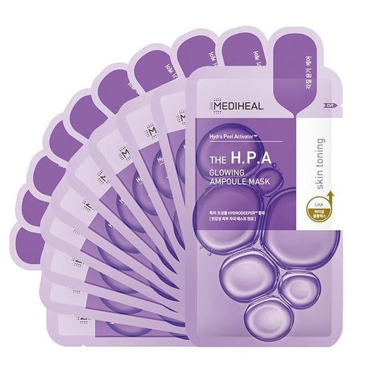 Mediheal Official Best No.1 Korean Sheet Mask - HPA Ampoule Face Mask 10 Sheets for Smoothing, and Instant Glow with LHA & PHA