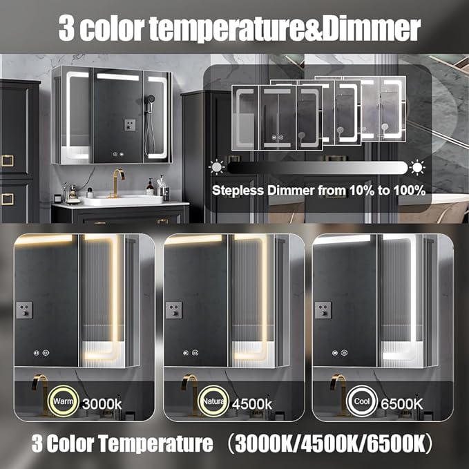 Stainless Steel LED Medicine Cabinet,Bathroom Mirror Cabinet with Light,3 Color,Dimmable,Equipped with Defogger,USB Shavor Socket,Internal Light,36×32 Inch