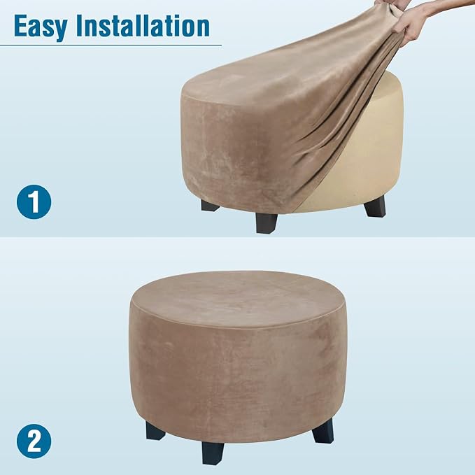 H.VERSAILTEX Round Ottoman Slipcover Ottoman Covers Slipcover Footstool Protector Covers Storage Stool Ottoman Covers Stretch with Elastic Bottom, Feature Real Velvet Plush Fabric (X-Large, Camel)