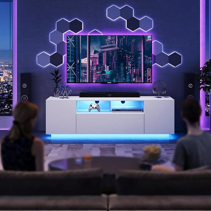 WLIVE Modern TV Stand for 65 Inch TV, Entertainment Center with LED Lights & Large Storage Cabinets, Sturdy Media Console for Living Room, Bedroom, Gaming(White)