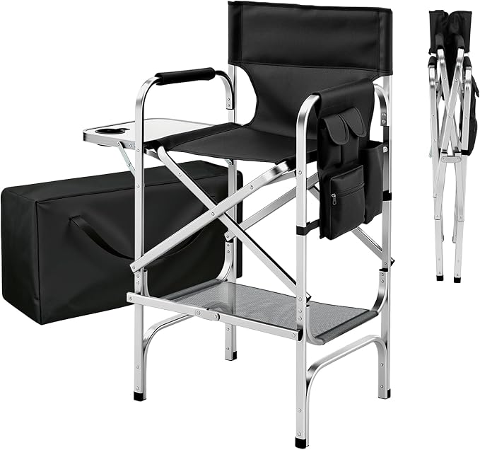 VINGLI 31" Tall Director's Chair for Makeup Artist, Aluminum Portable Makeup Chair with Retractable Side Table & Footrest,Supports 300 lbs, Foldable Makeup Chair for Studio, Silver & Black