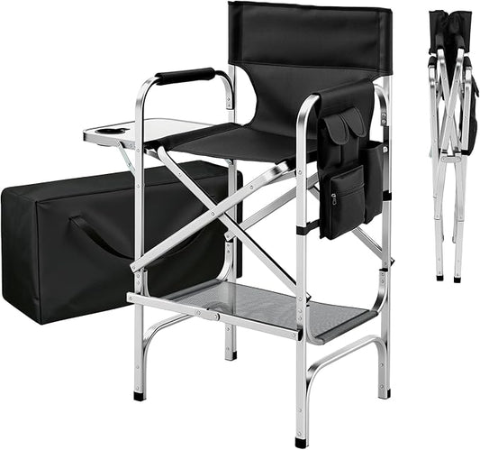 VINGLI 31" Tall Director's Chair for Makeup Artist, Aluminum Portable Makeup Chair with Retractable Side Table & Footrest,Supports 300 lbs, Foldable Makeup Chair for Studio, Silver & Black