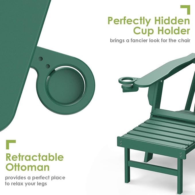 GREENVINES Adirondack-Chairs-with-Ottoman | Set of 2 | Folding | Retractable-Footrest | HDPE Plastic | All Weather Fire Pit Chair | Cup Holders | Forest | for Outdoor Poolside