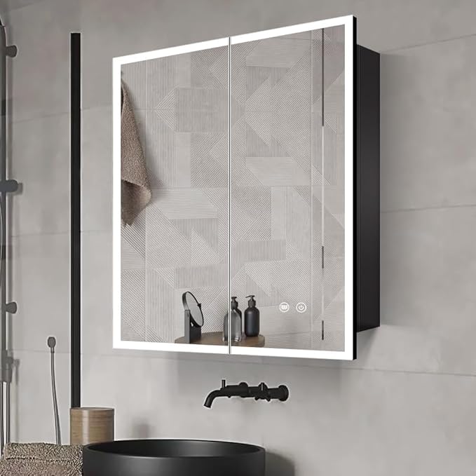 LED Medicine Cabinet with Light,Recessed Mirror Cabinet for Bathroom,3 Color Temperature,Dimmable,Demister,Detachable Side Plate for Recess Mount or Surface Mount,24inch×28inch