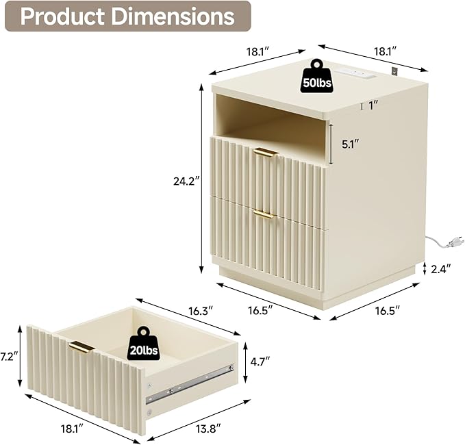 Night Stand Set 2, Nightstand with Charging Station, Night Stand with Open Shelf and 2 Drawers for Bedroom, Side Table Bedside Table with USB Ports & Outlets, Small Nightstand End Table
