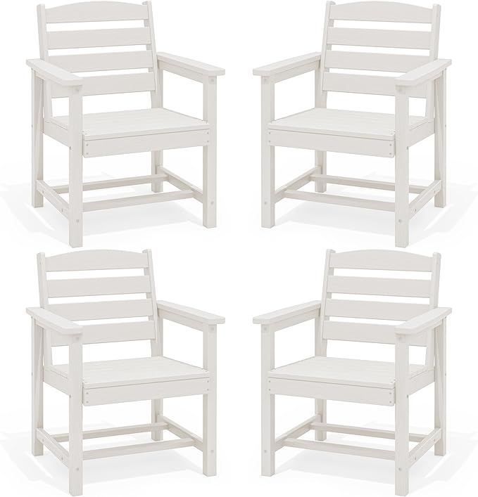 SERWALL Outdoor Dining Chairs Set of 4, All-Weather HDPE Patio Dining Chair with 19.7" Widened Seat, for Backyard, Garden, White