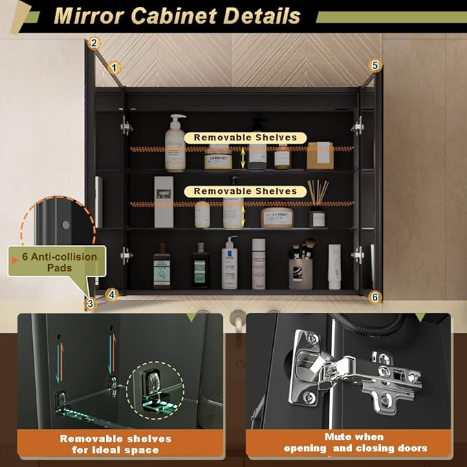 GANPE LED Lighted Bathroom Medicine Mirror Cabinet with Sockets & USBs, Anti-Fog Dimmable Light and Color Adjustment, Easy to Install Aluminum Cabinet (30 * 28 Two-Door)