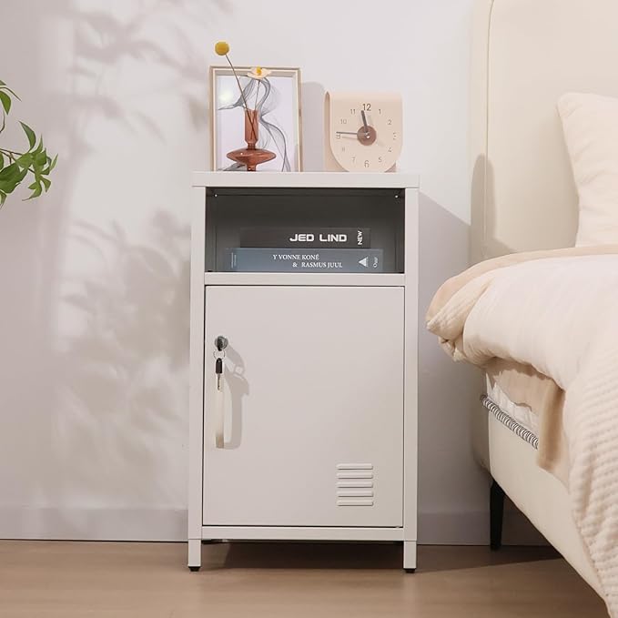 ALBAD Compact Metal Nightstand with Lockable Cabinet and Open Shelf, Modern Bedside Table, Versatile Side Table for Bedroom, Living Room, or Office (White, 26" H-Lockable Door)