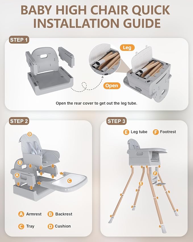 Baby High Chair for 6 Months+, Foldable High Chairs for Babies and Toddlers, Convertible High Chair, Adjustable Tray & Footrest, Portable High Chair & Easy to Clean(Gray)