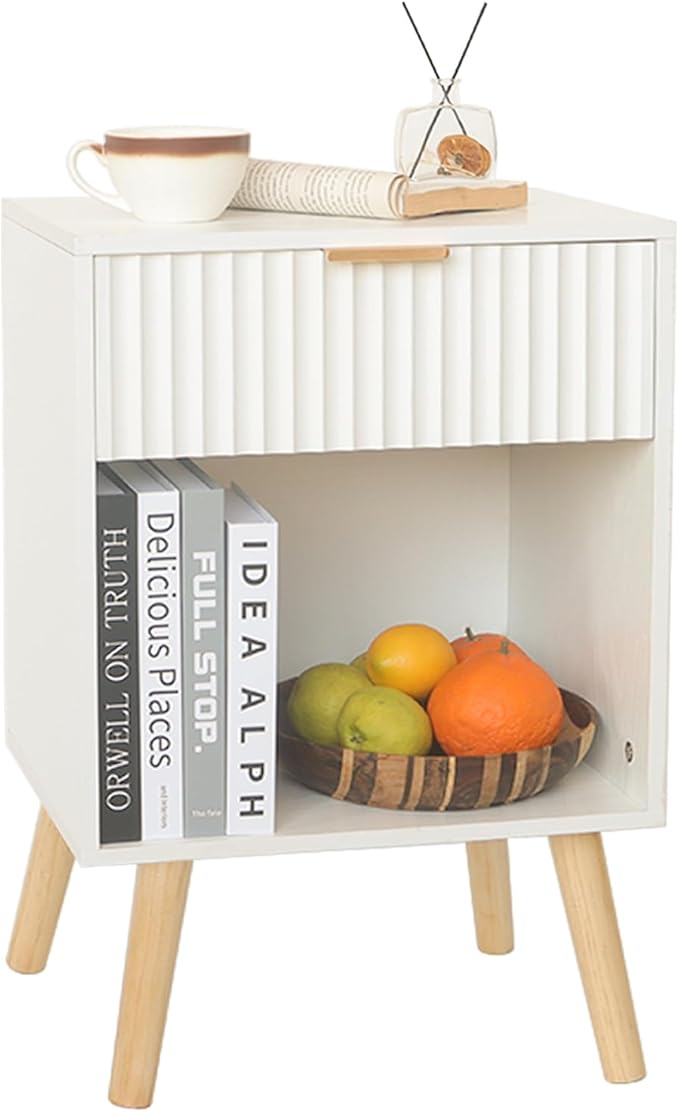 Fultyle White Nightstand, Modern Bedside Table with Drawer and Opening Storage, Fluted End Side Table Living Room with Solid Wood Legs for Bedroom (White)