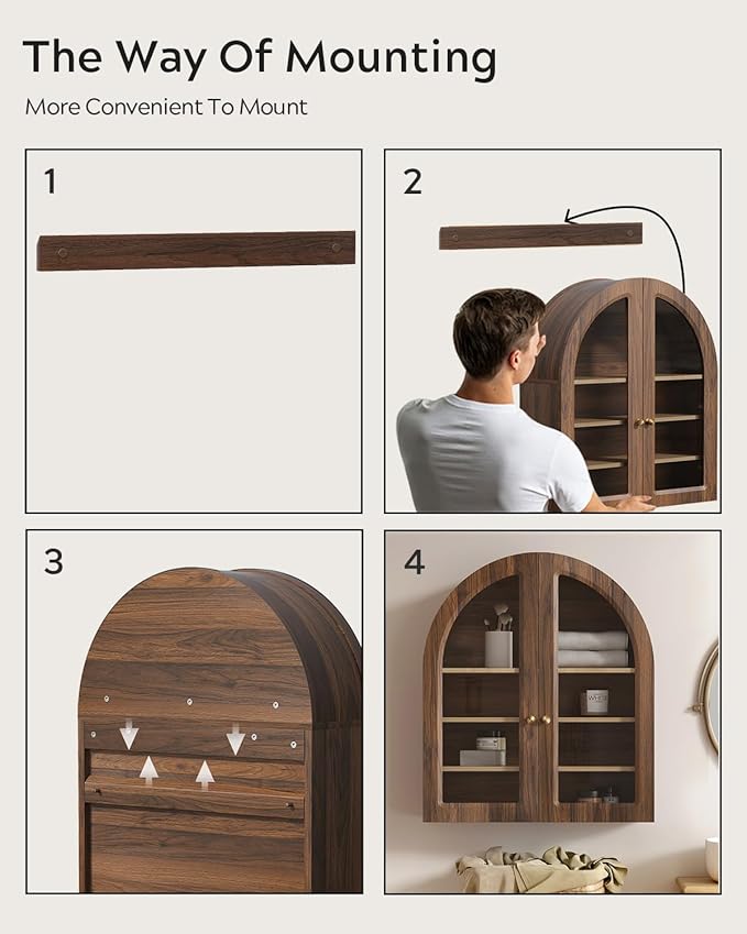 EYYTHUNG Fluted Arched Wall Cabinet, Large Wood Bathroom Medicine Cabinet Wall Mounted Cupboard, Modern Floating Storage Cabinet with Acrylic Door Adjustable Shelf, Organizer, Brown-Oak