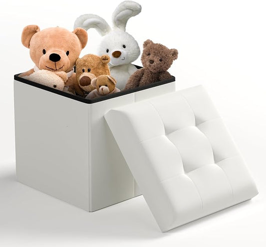 Storage Ottoman Bench, 15 Inch Ottoman Foot Rest, End of Bed Bench, Storage Chest for Living Room, Bedroom, Entryway, White
