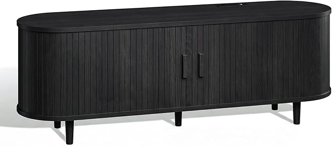 58" Mid Century Modern TV Stand, Wood TV Consoles with Sliding Doors and Power Outlet, Fluted Entertainment Center with Adjustable Shelves, Media Console for Living Room, Black